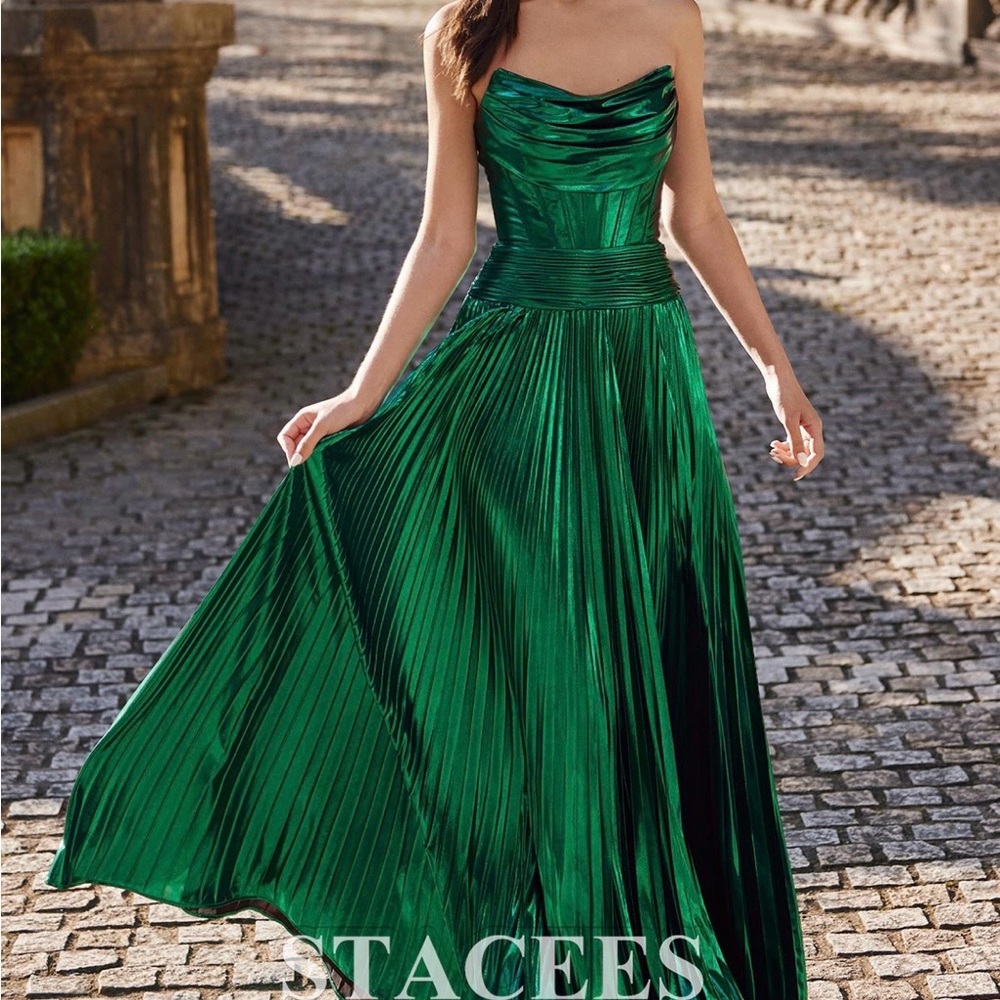 Beautiful Green Metallic Strapless Prom Dress Floor Length